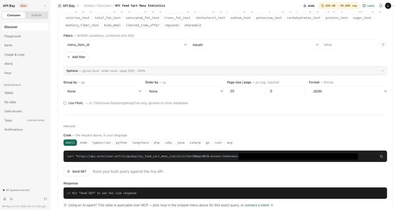 Options names the URL parameter behind each control, and the preview shows the resulting request.