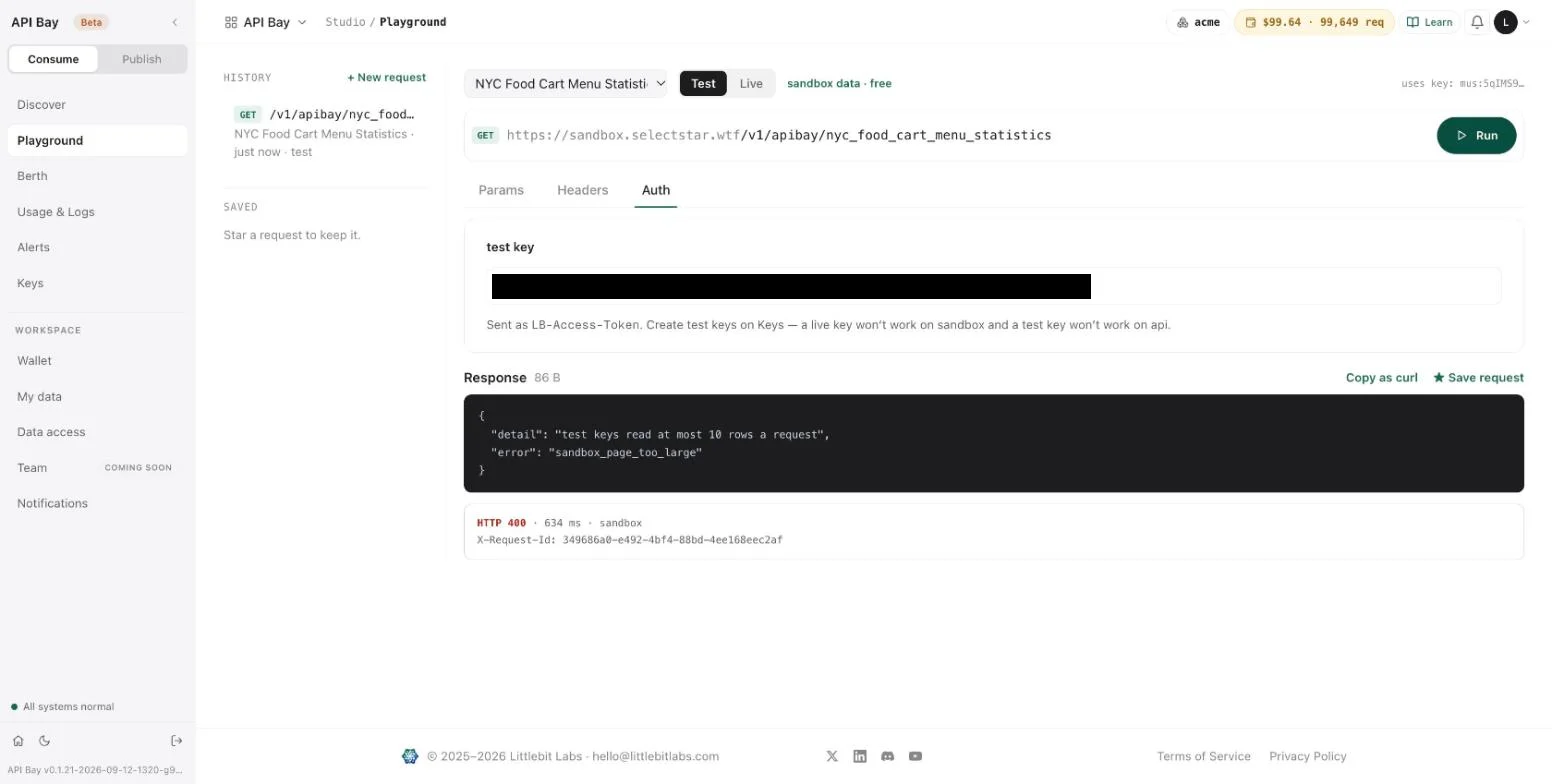The sandbox refuses a page of 20 rows; the response pane shows the error, the status and the request id.