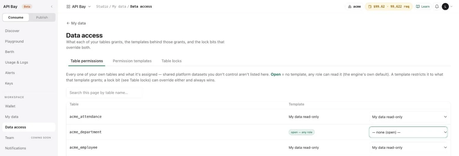 A table set to open: the template cell reads "open — any role".