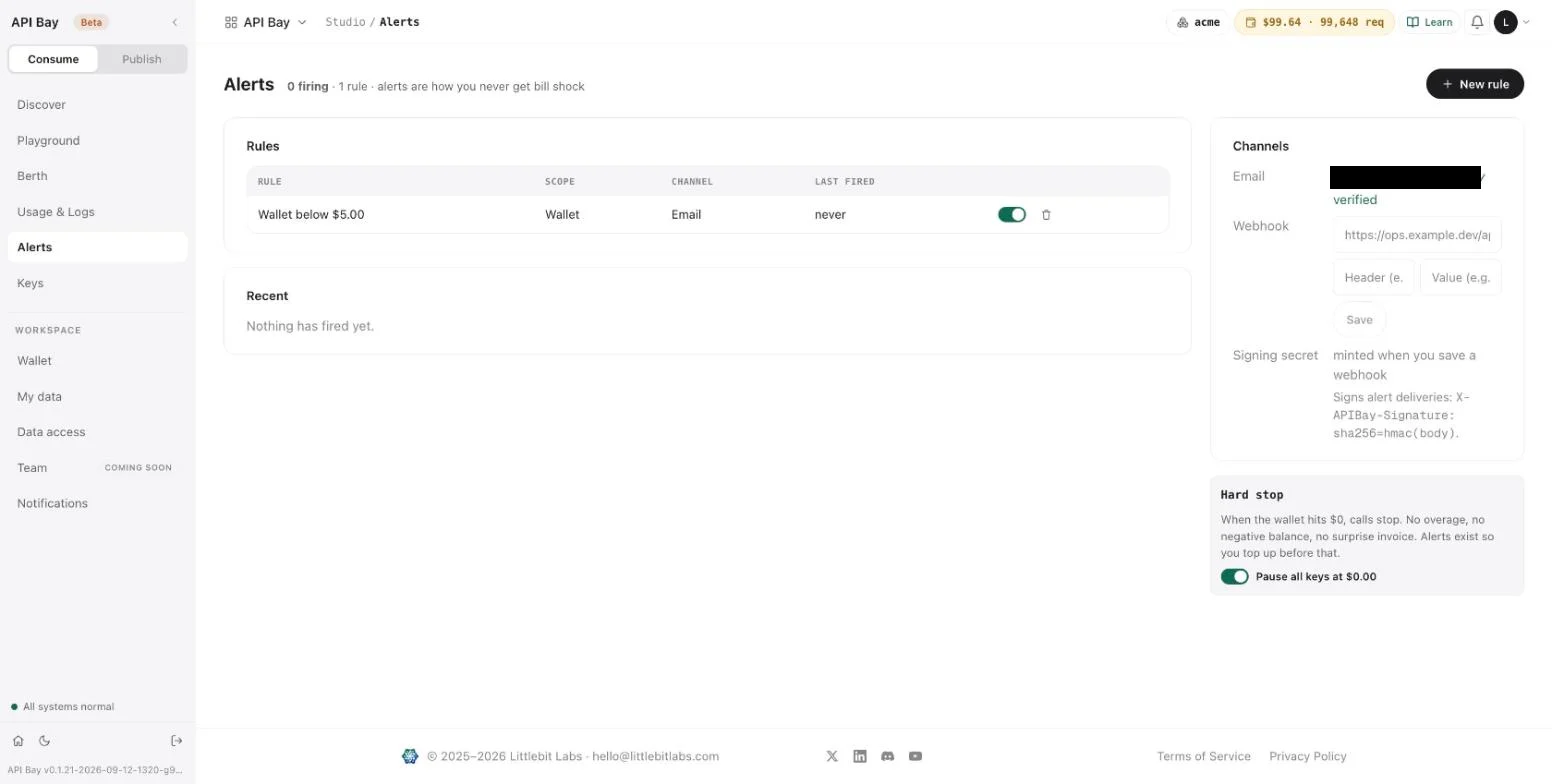 The Alerts screen with one rule: Wallet below $5.00, by email, never fired.