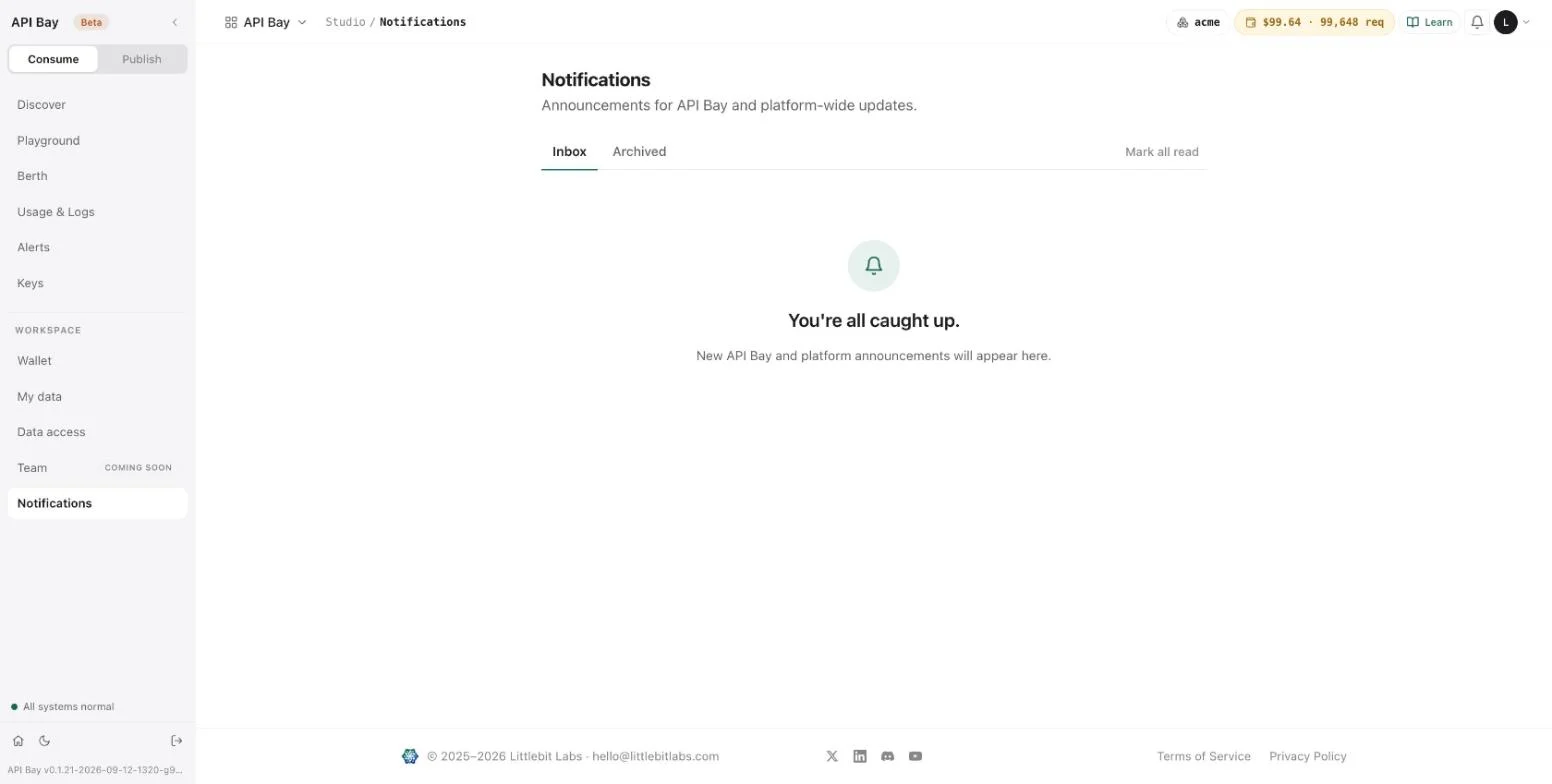 The Notifications screen with an empty inbox.