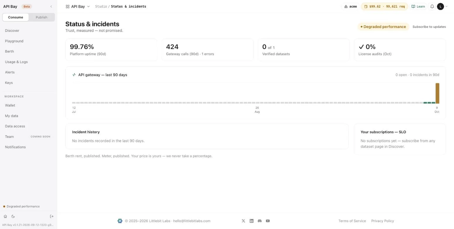 One refused call with a 503 turned the label amber and the uptime tile to 99.76%.