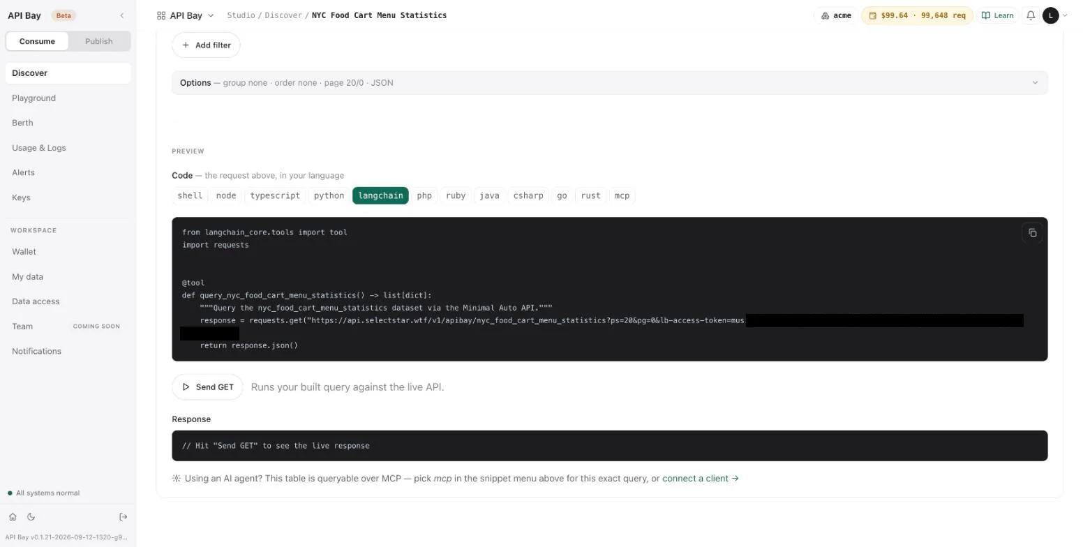 The langchain button writes the request as a tool; the key in the address is hidden here.