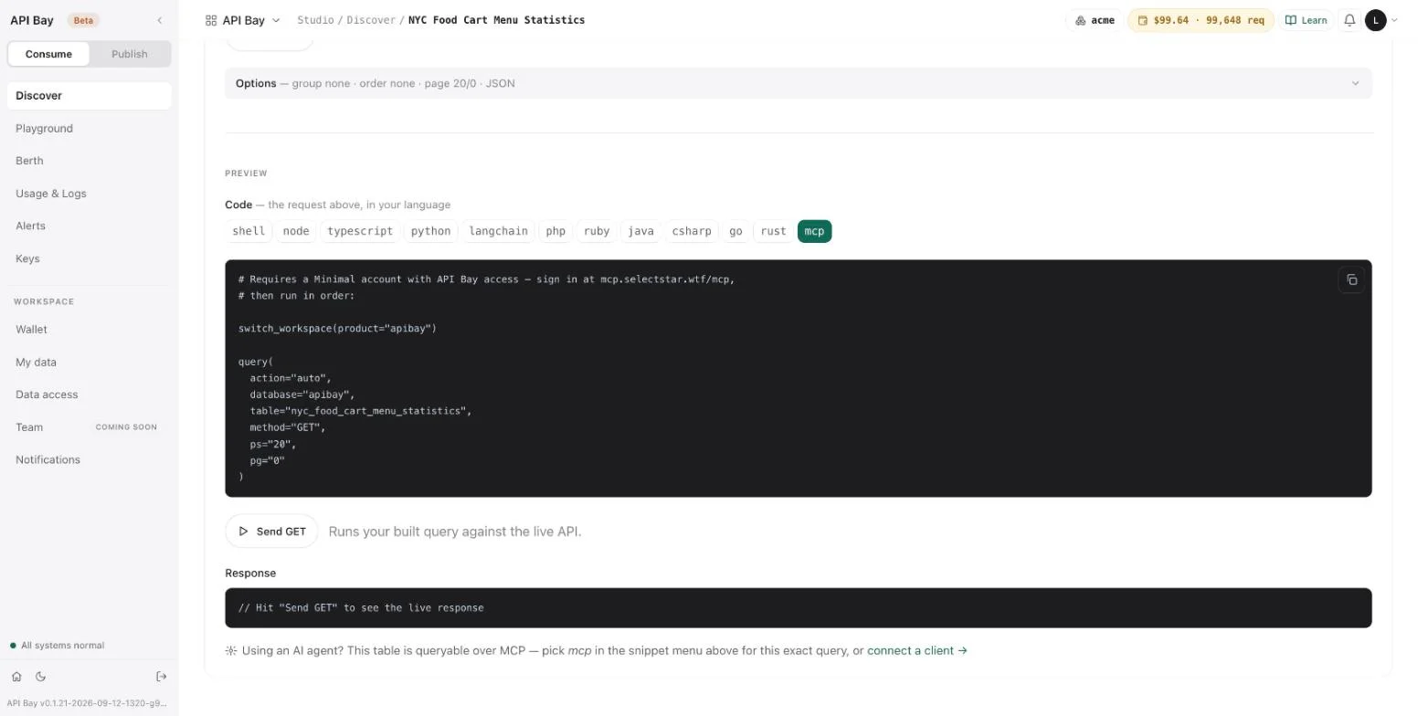 The mcp button writes the request as two calls for an agent.