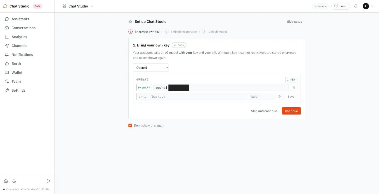 Setup step 1 with an OpenAI key saved; the end of the key is masked here.