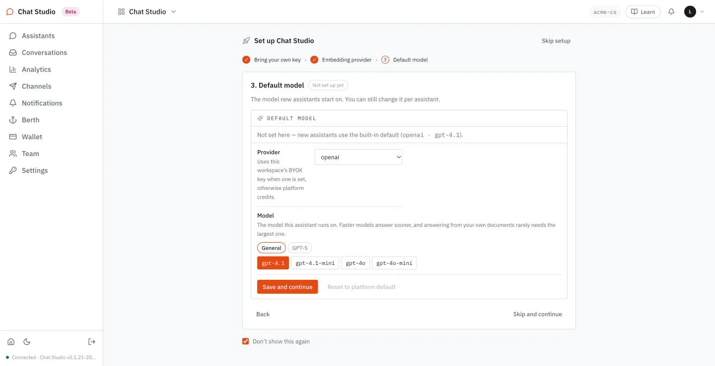 Setup step 3 with openai and gpt-4.1 chosen as the default model.