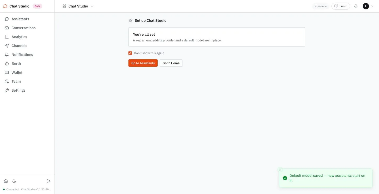 The setup page reports that a key, an embedding provider and a default model are in place.
