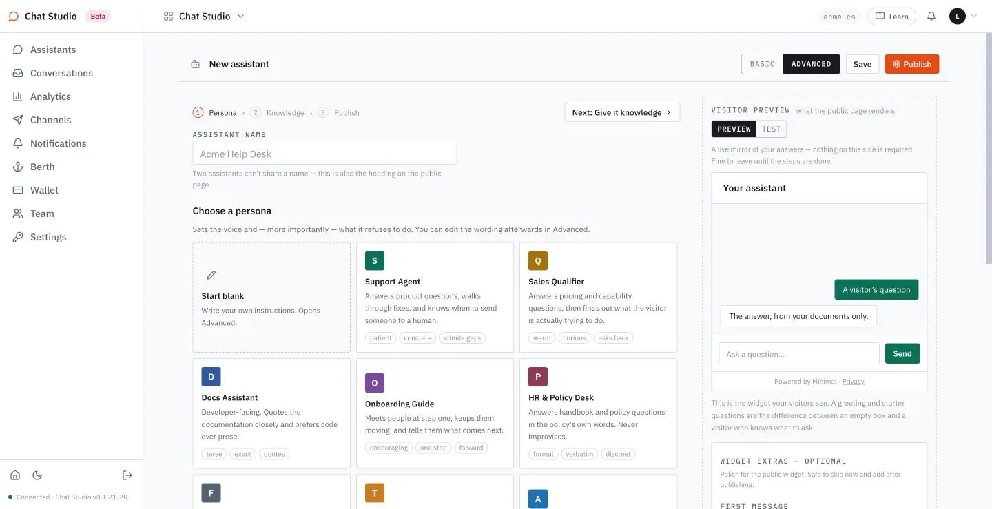 The new-assistant page on its first step.