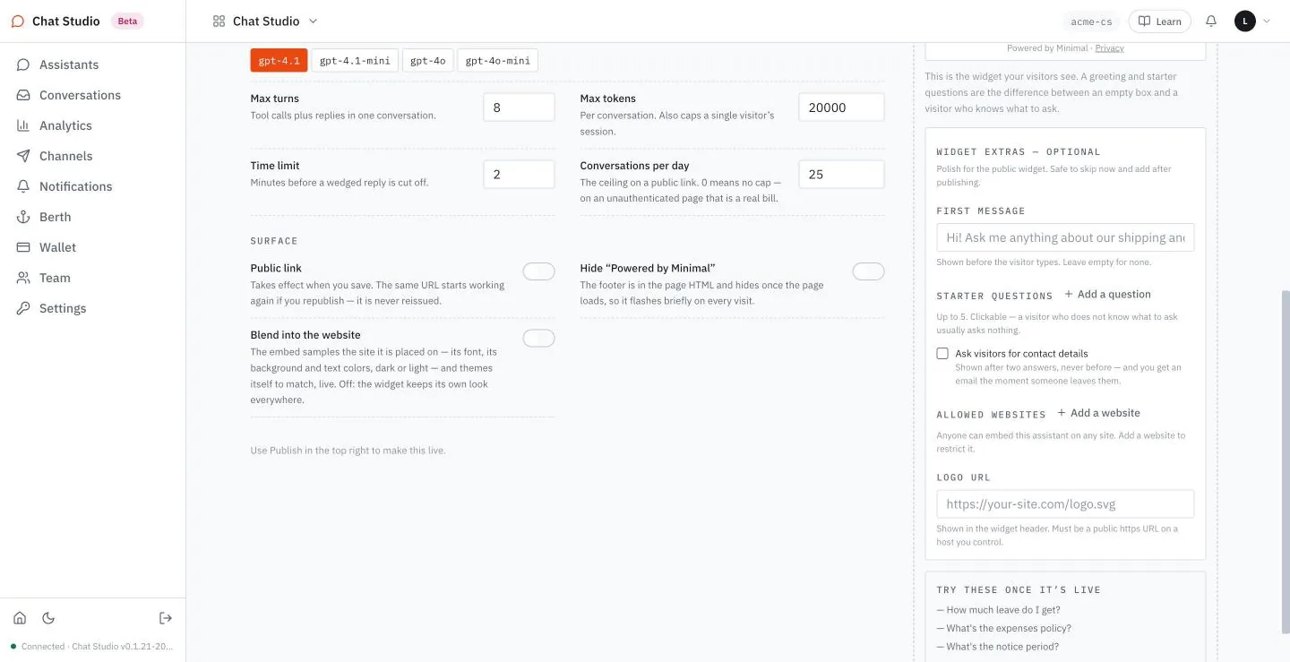 Max turns is 8, Max tokens 20000 and Conversations per day 25; Public link is off.