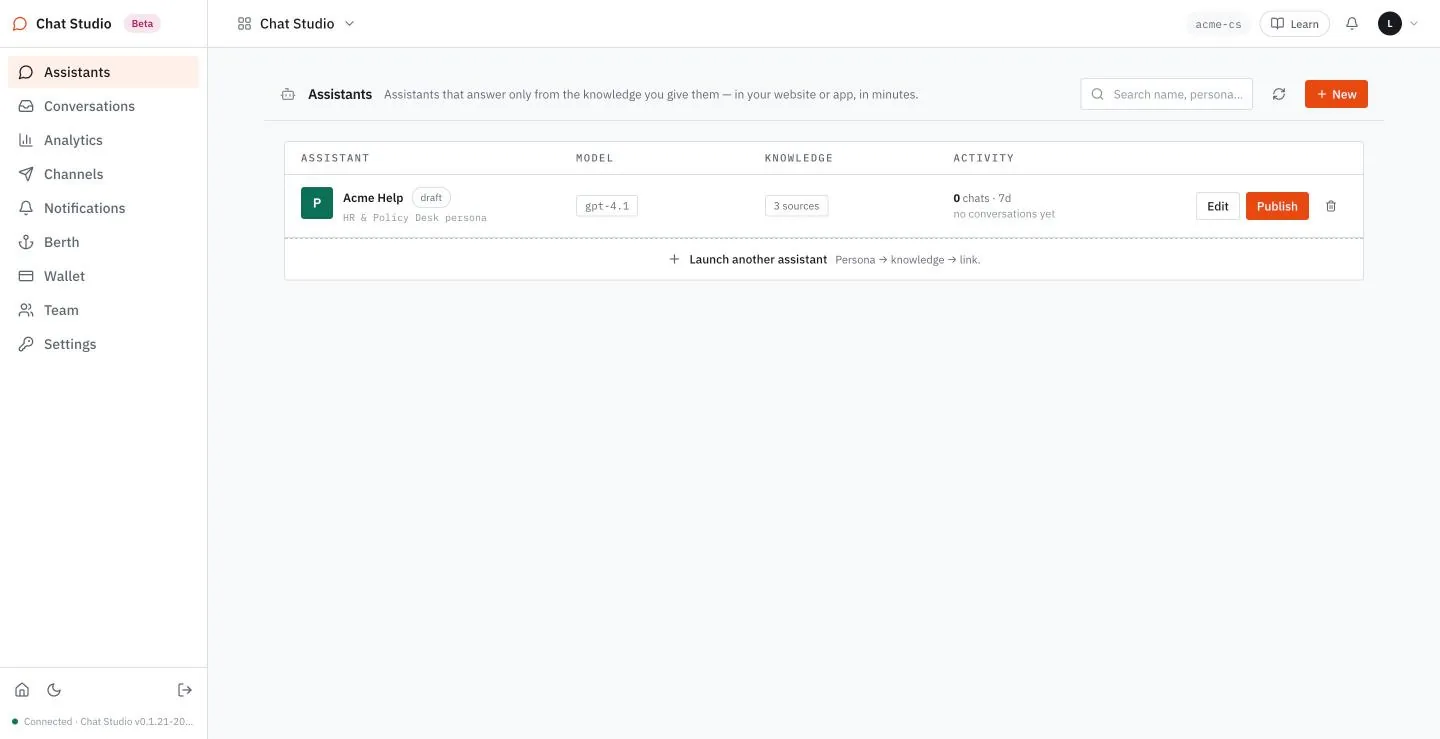 Assistants lists Acme Help as a draft with its model, sources and chat count.
