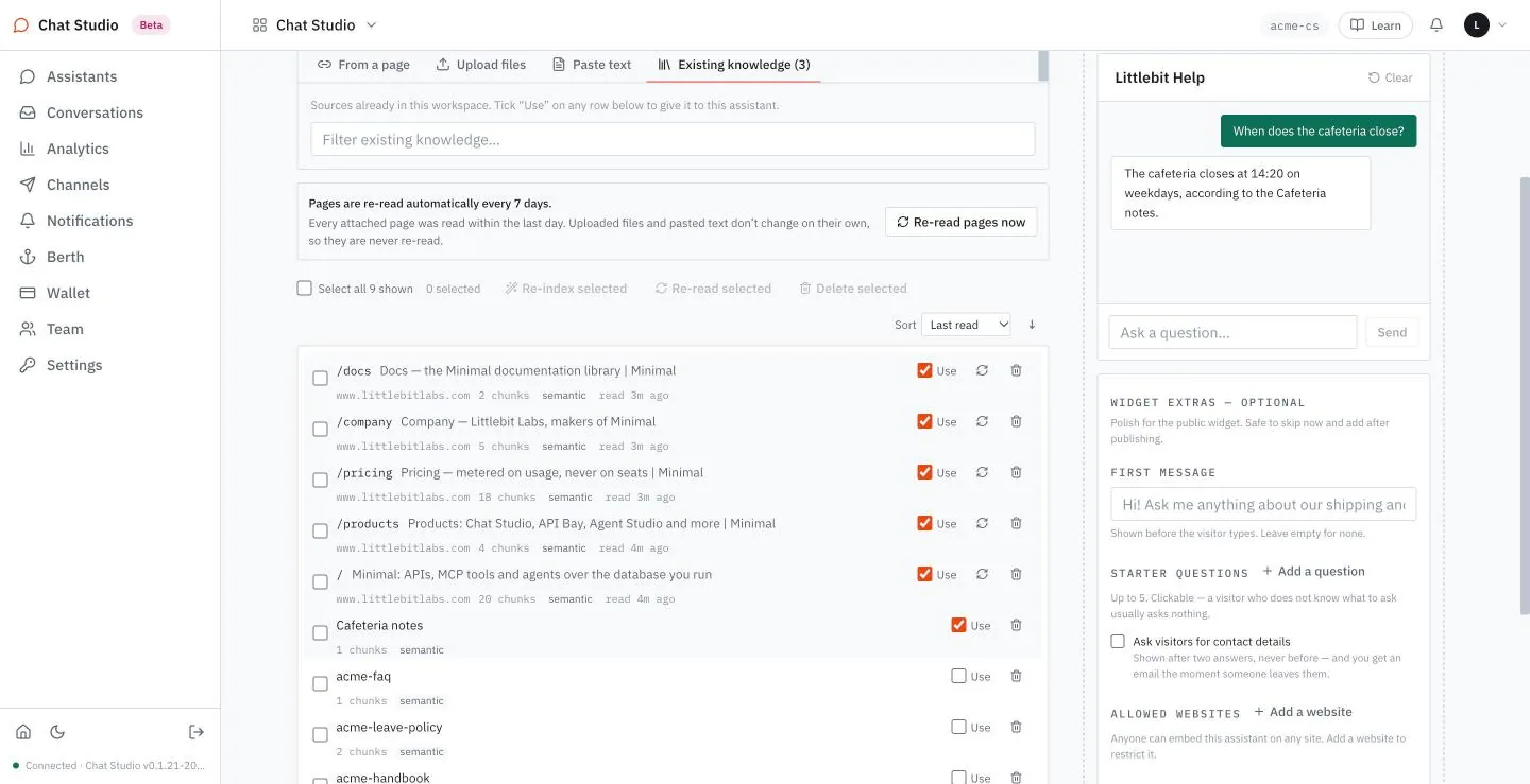 Existing knowledge lists the sources of every assistant, with a Use box on each.