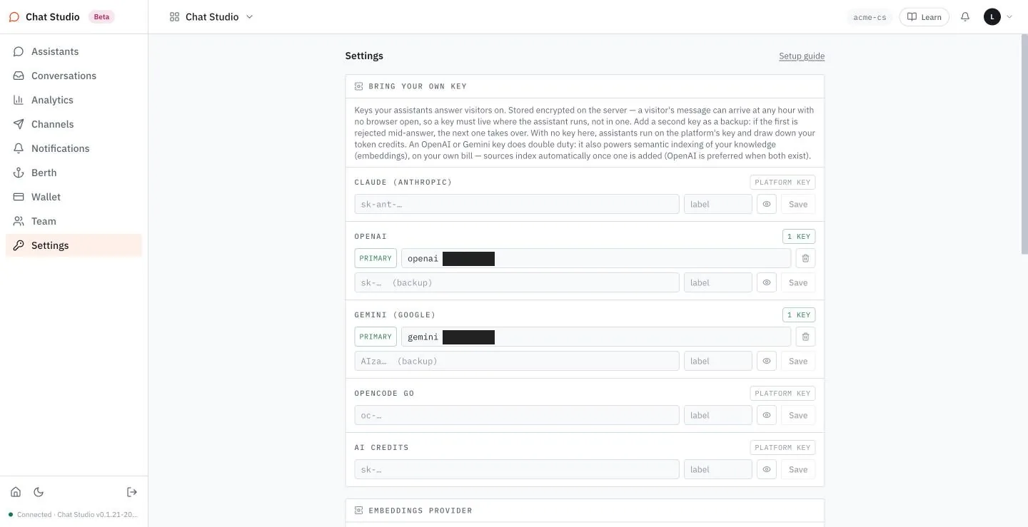 Settings lists a row for each provider; two rows hold a primary key, shown here with its end masked.