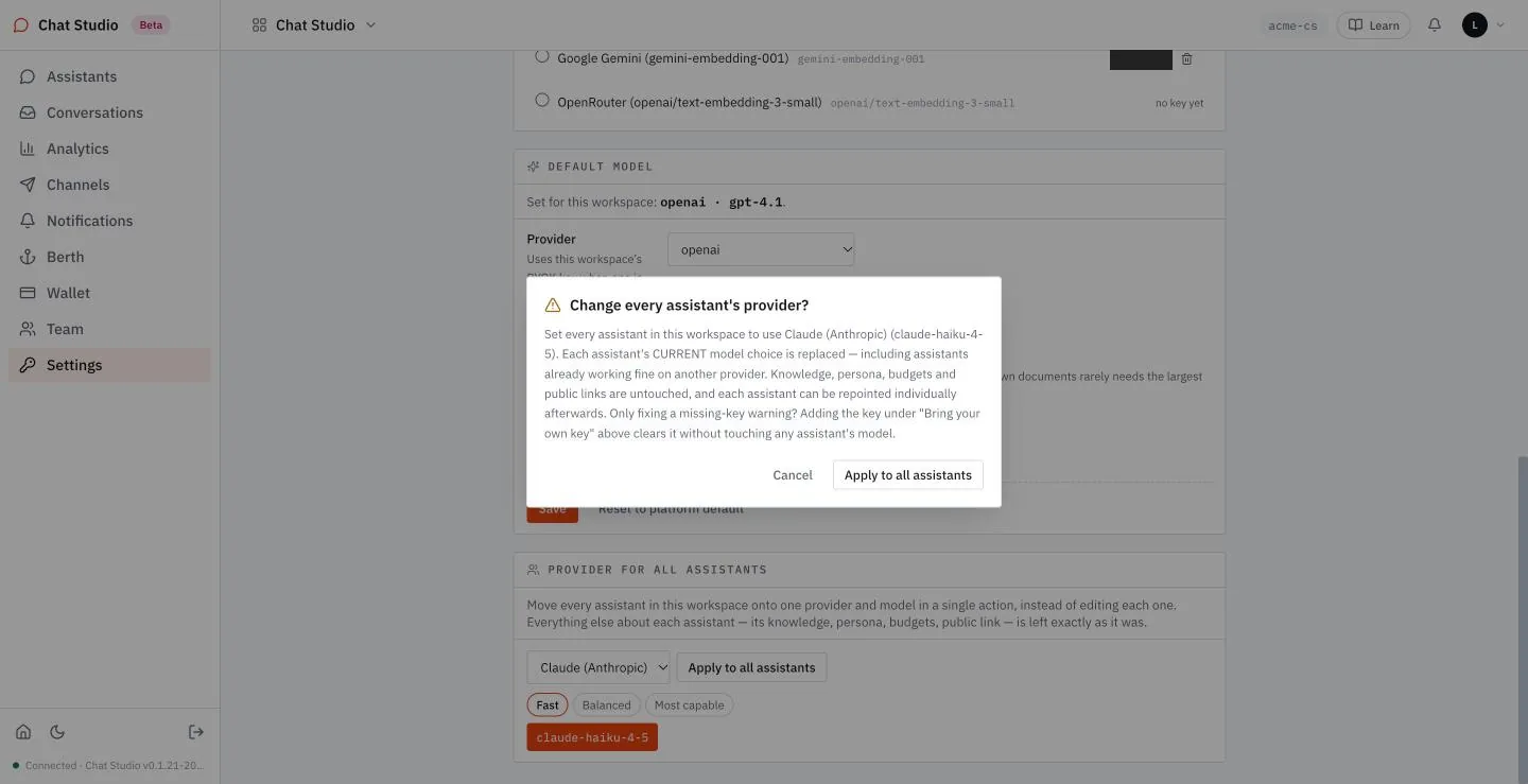 The dialog before every assistant's provider changes.