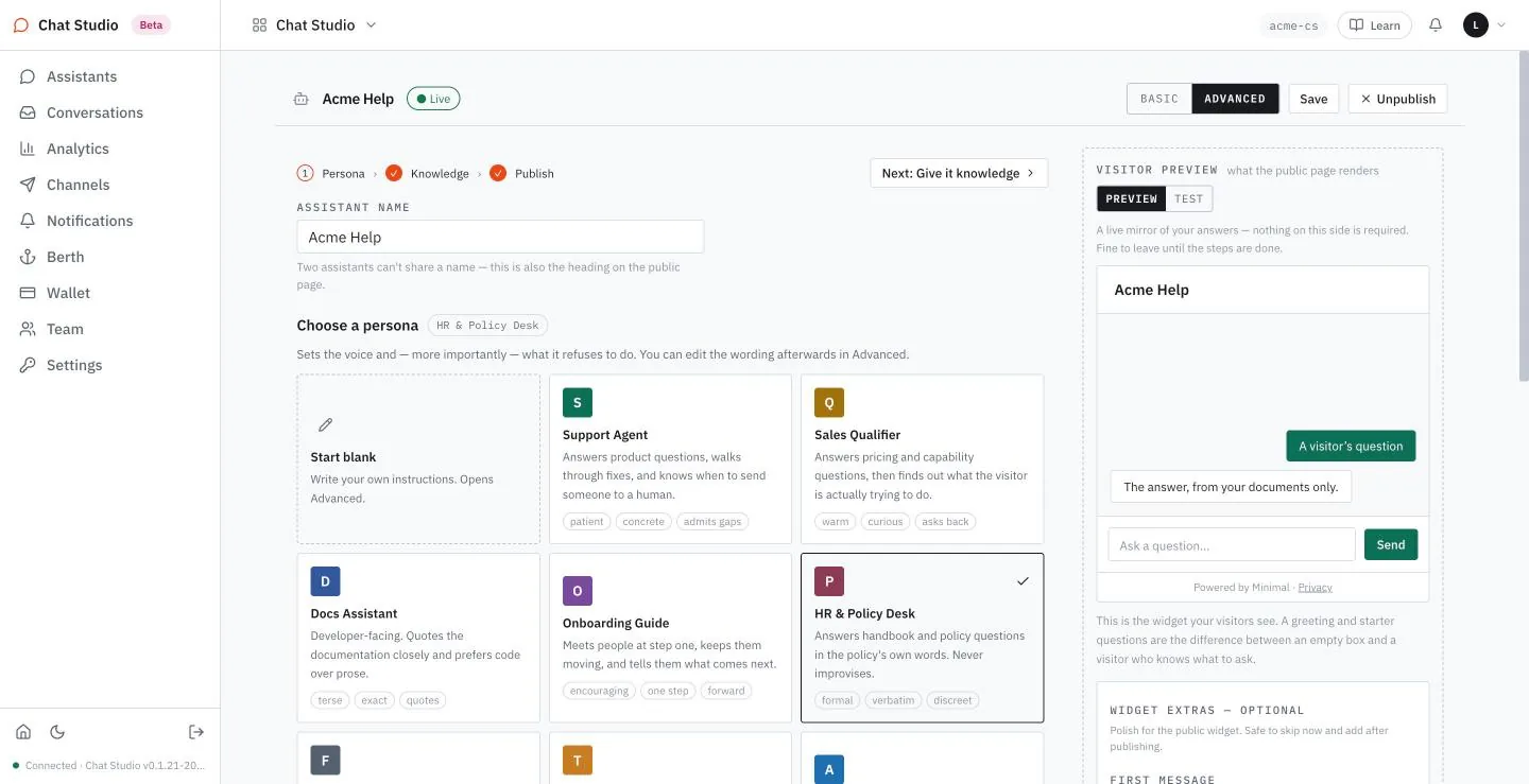 A live assistant in the editor: the Live tag and the Unpublish button.
