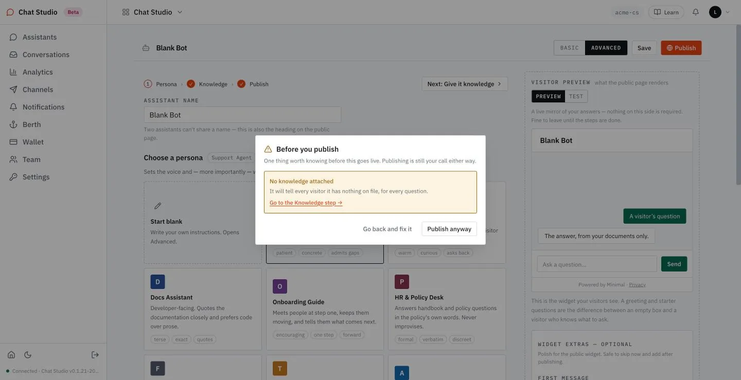 Publishing with no knowledge shows a warning and lets you go on.
