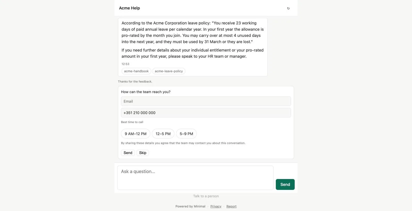 Talk to a person opens a contact form below the conversation.
