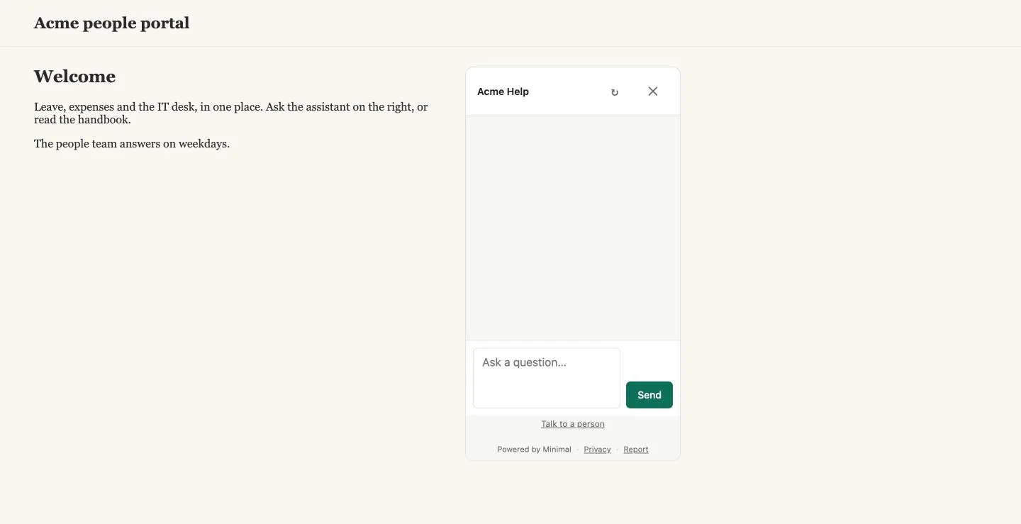 The page serves the assistant in an iframe; nothing else has been set yet.
