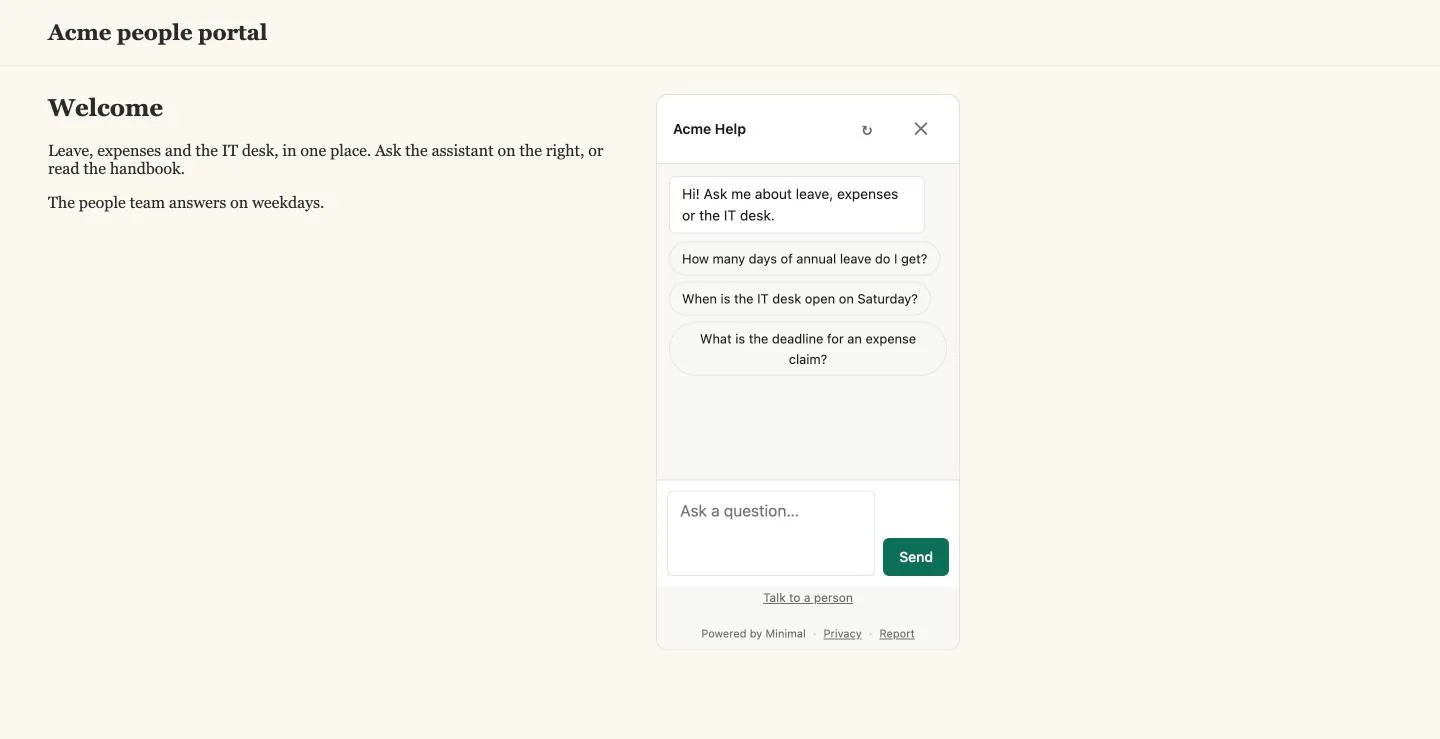 The first message and three starter questions in the widget.