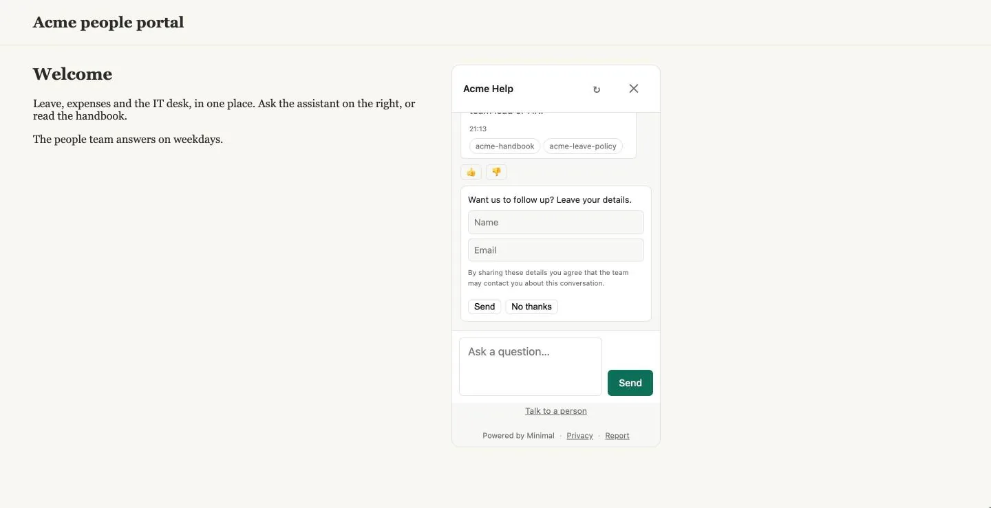After two answers the widget asks for a name and an email.