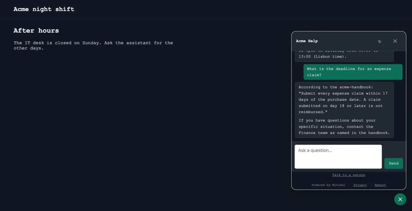 The bubble opens the panel on night.html, a dark page with a monospace font; Blend is on.