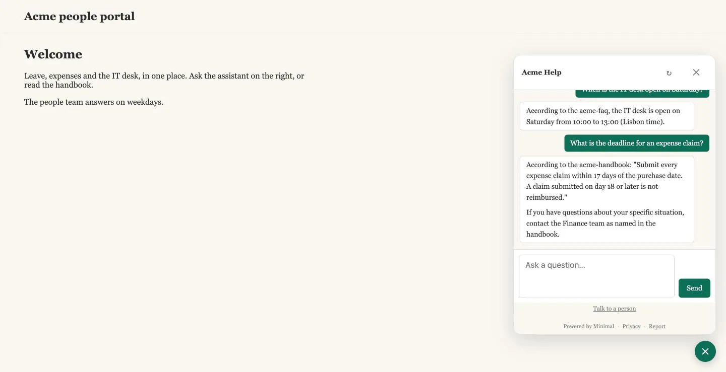 portal.html with the script in place of its iframe: the assistant takes the page's font and colors.