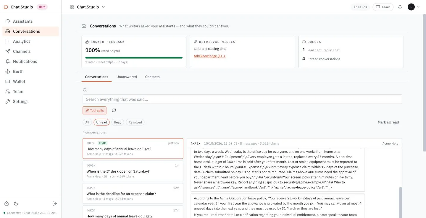 With Tool calls on, the transcript shows the retrieved passages and the list of sources.