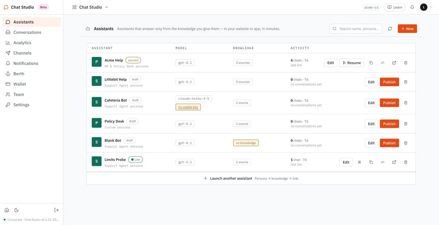 A paused assistant: the tag, the Resume button and the same link.