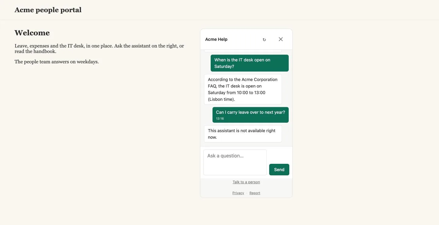A visitor's question on a paused assistant gets one sentence.
