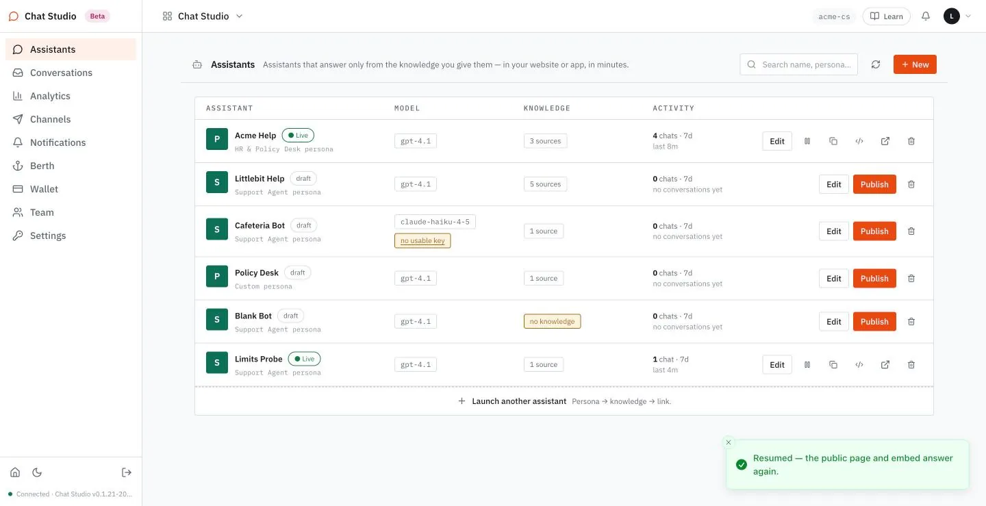 Resume turns the assistant back on and the tag becomes Live.