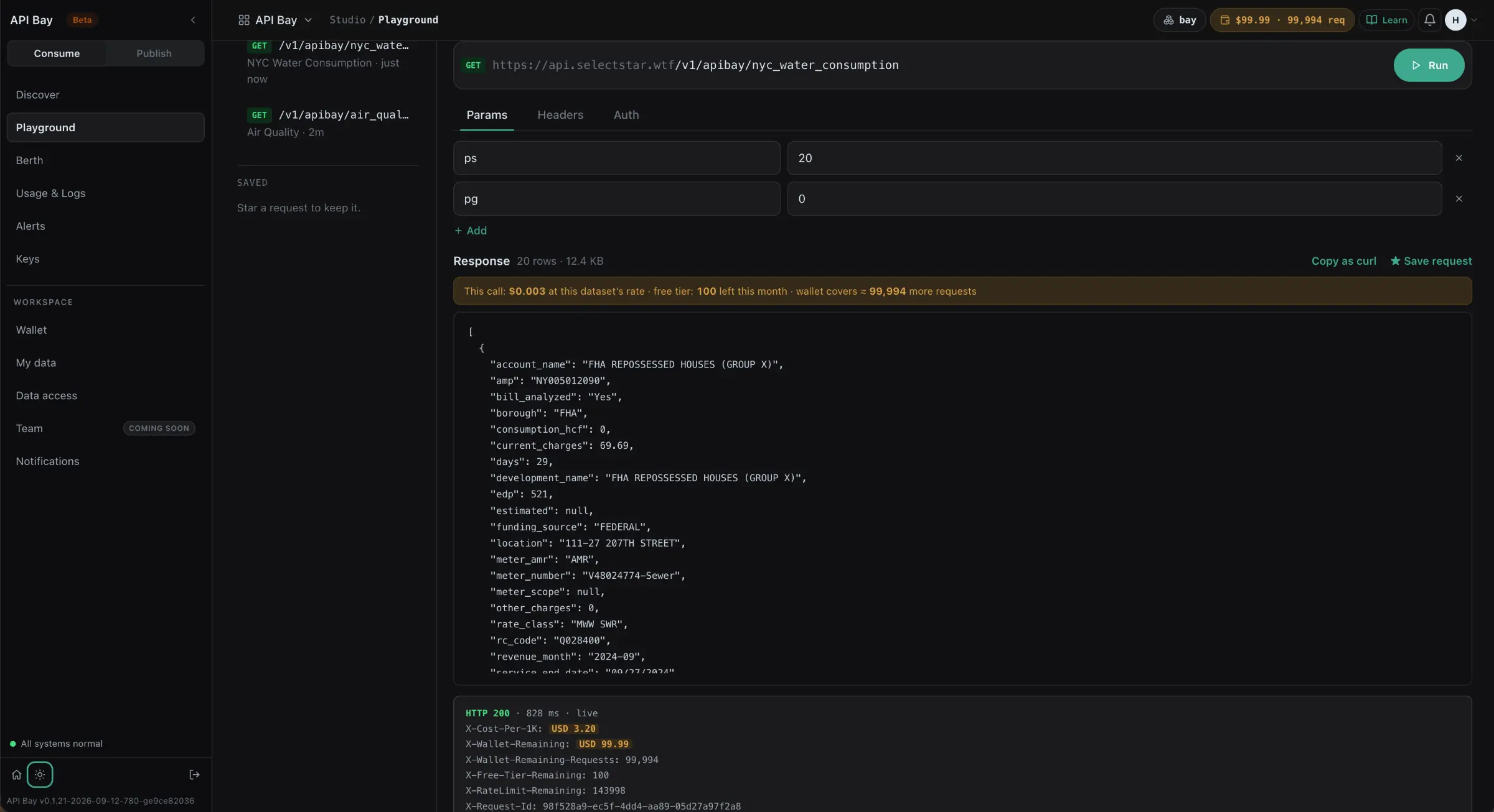 The API Bay playground: GET https://api.selectstar.wtf/v1/apibay/nyc_water_consumption with ps=20 and pg=0, a 20-row JSON response of water bills, and response headers reading HTTP 200 in 828 ms, X-Cost-Per-1K USD 3.20, X-Wallet-Remaining USD 99.99