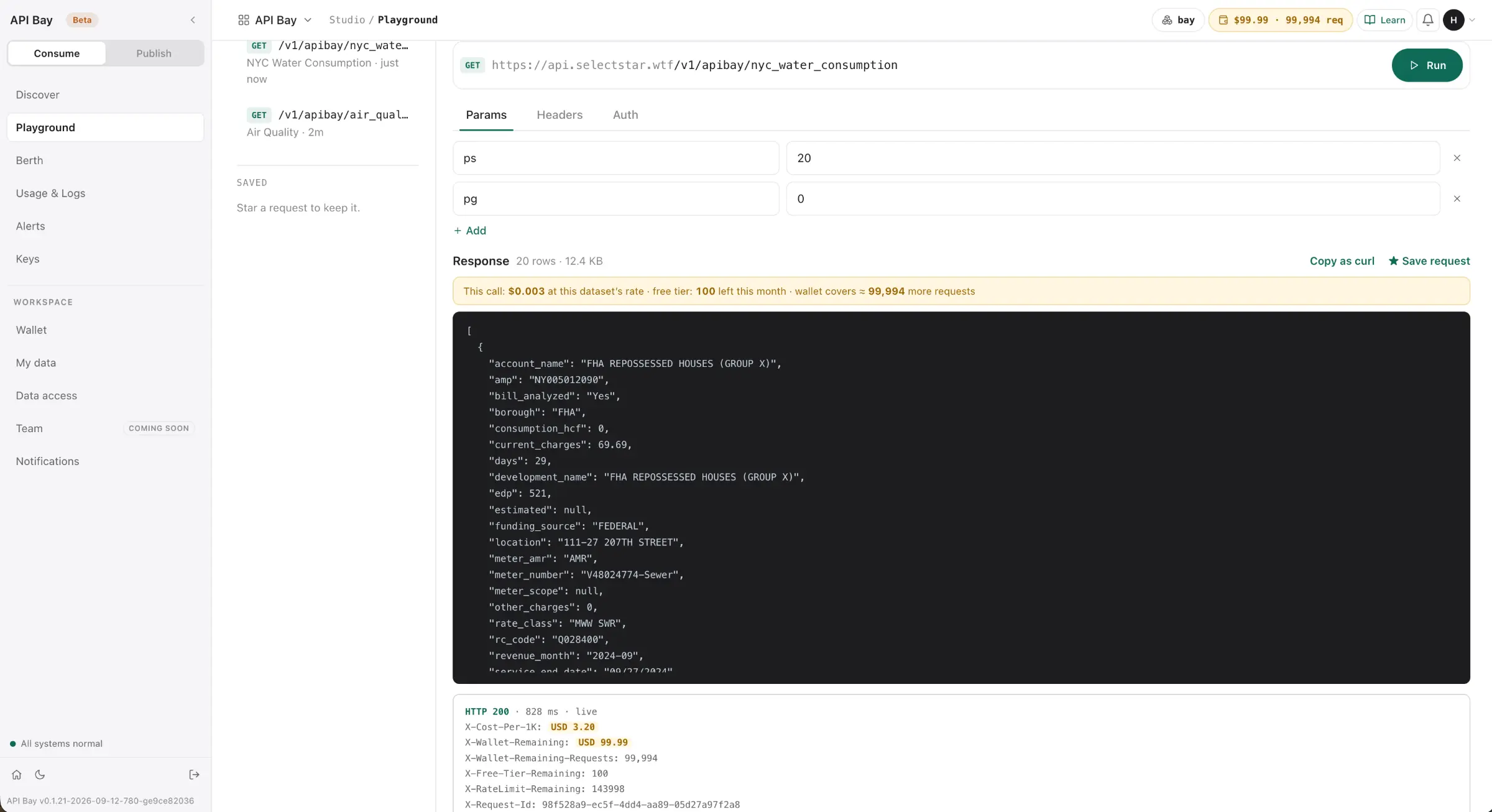The API Bay playground: GET https://api.selectstar.wtf/v1/apibay/nyc_water_consumption with ps=20 and pg=0, a 20-row JSON response of water bills, and response headers reading HTTP 200 in 828 ms, X-Cost-Per-1K USD 3.20, X-Wallet-Remaining USD 99.99