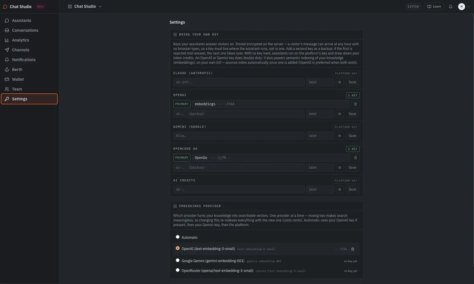 Chat Studio settings: Bring Your Own Key slots for Claude, OpenAI, Gemini, OpenCode GO and AI credits, and an embeddings provider choice underneath