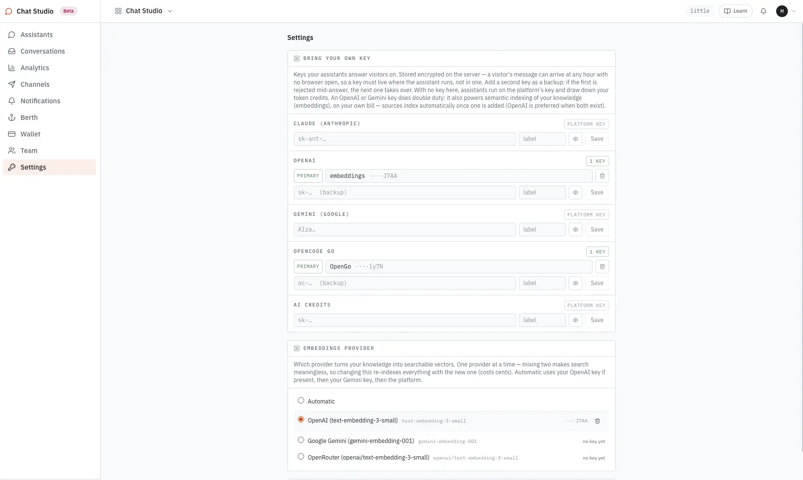 Chat Studio settings: Bring Your Own Key slots for Claude, OpenAI, Gemini, OpenCode GO and AI credits, and an embeddings provider choice underneath