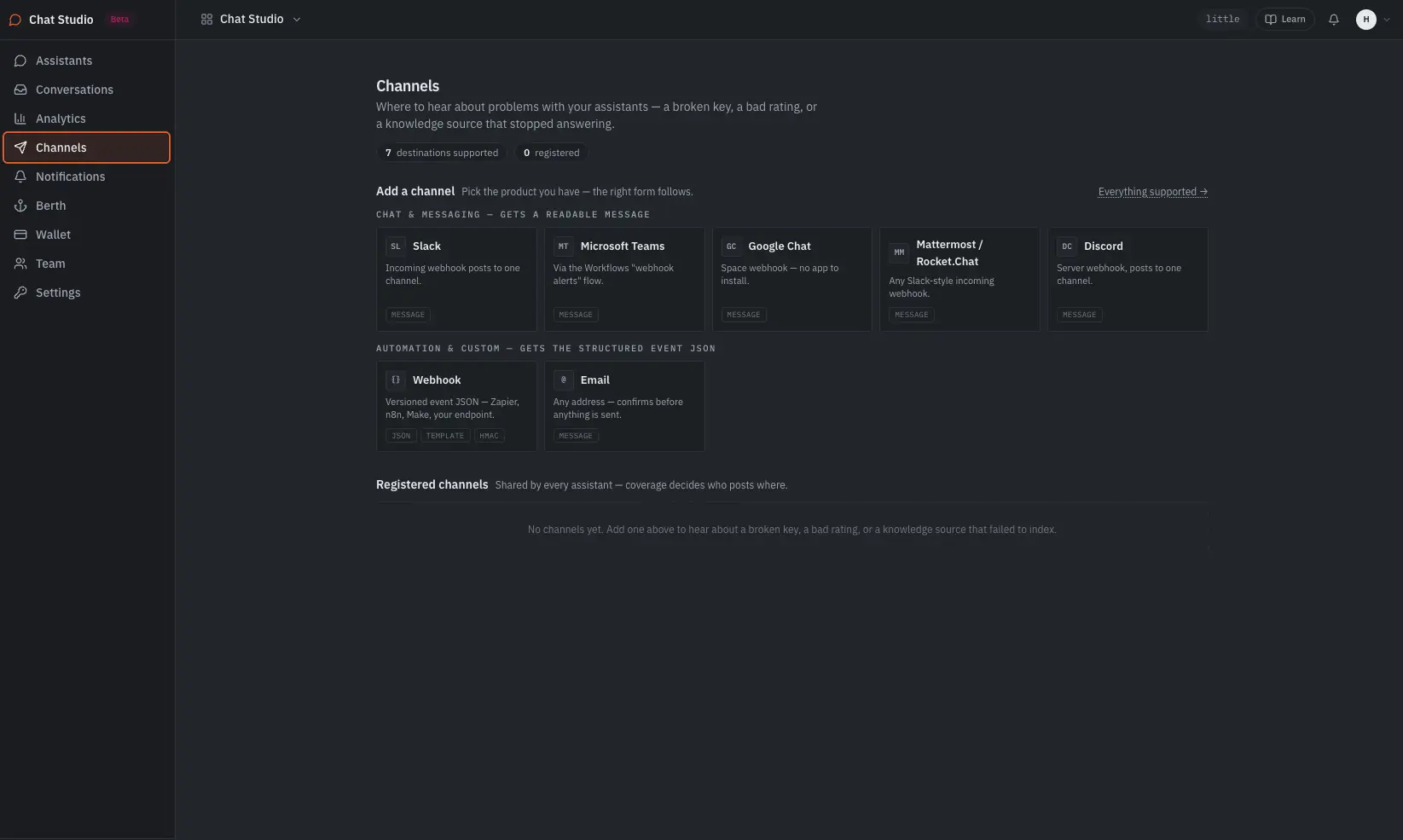 The Channels view: seven destinations — Slack, Microsoft Teams, Google Chat, Mattermost / Rocket.Chat, Discord, Webhook and Email — with no channels registered yet