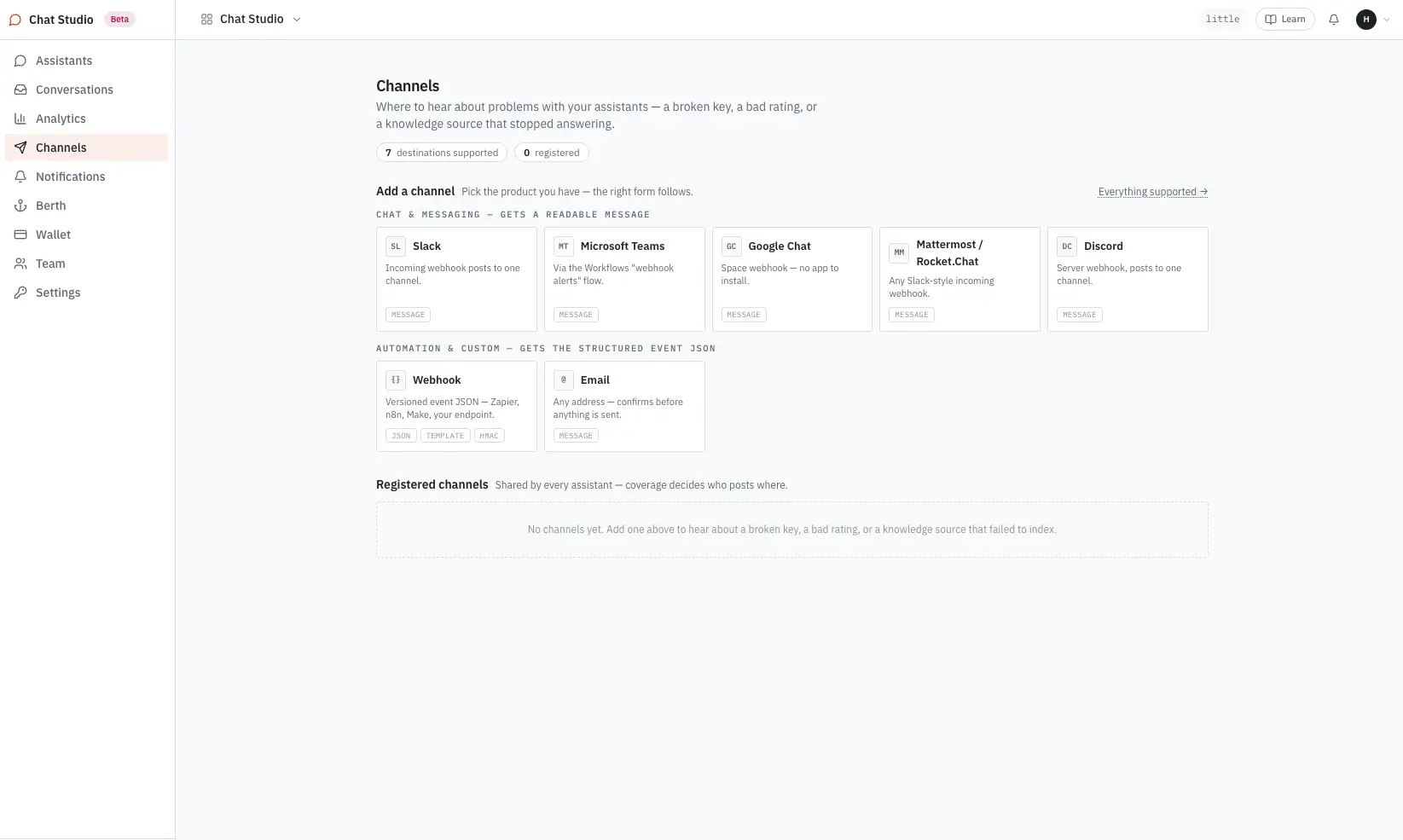 The Channels view: seven destinations — Slack, Microsoft Teams, Google Chat, Mattermost / Rocket.Chat, Discord, Webhook and Email — with no channels registered yet