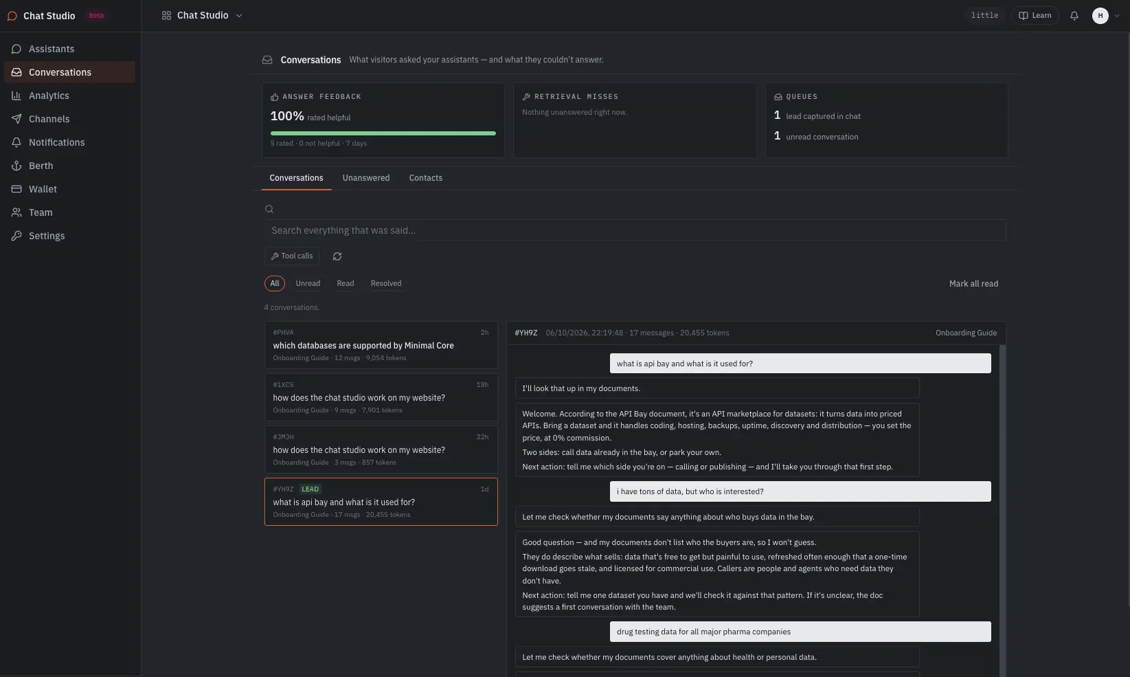 The Conversations view: answer feedback, retrieval misses and queued leads at the top, a searchable list of what visitors asked, and the open conversation beside it