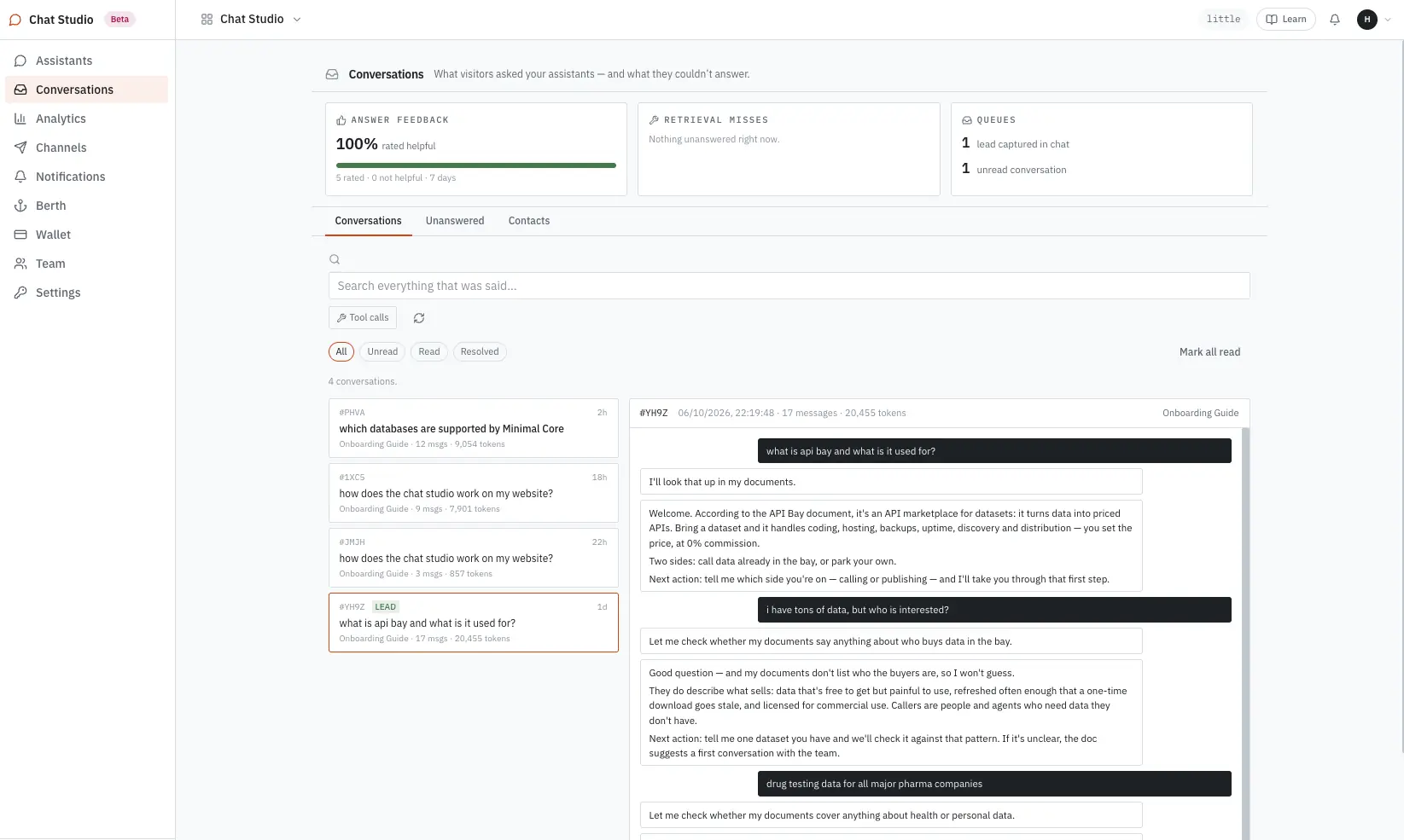 The Conversations view: answer feedback, retrieval misses and queued leads at the top, a searchable list of what visitors asked, and the open conversation beside it