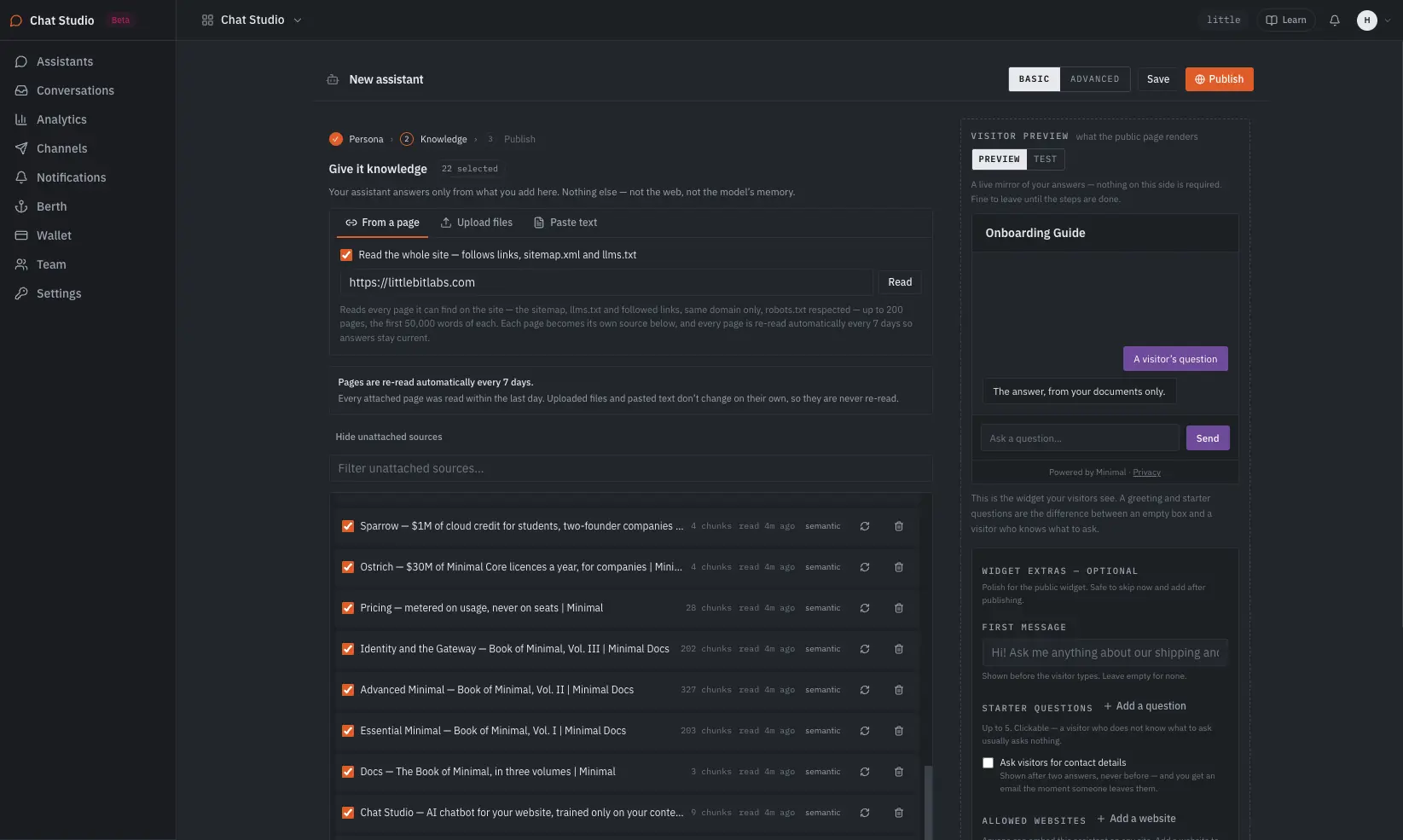 The knowledge step after reading a whole site from one address: 22 sources attached, a note that pages are re-read every 7 days, and each source listed with its chunk count and age