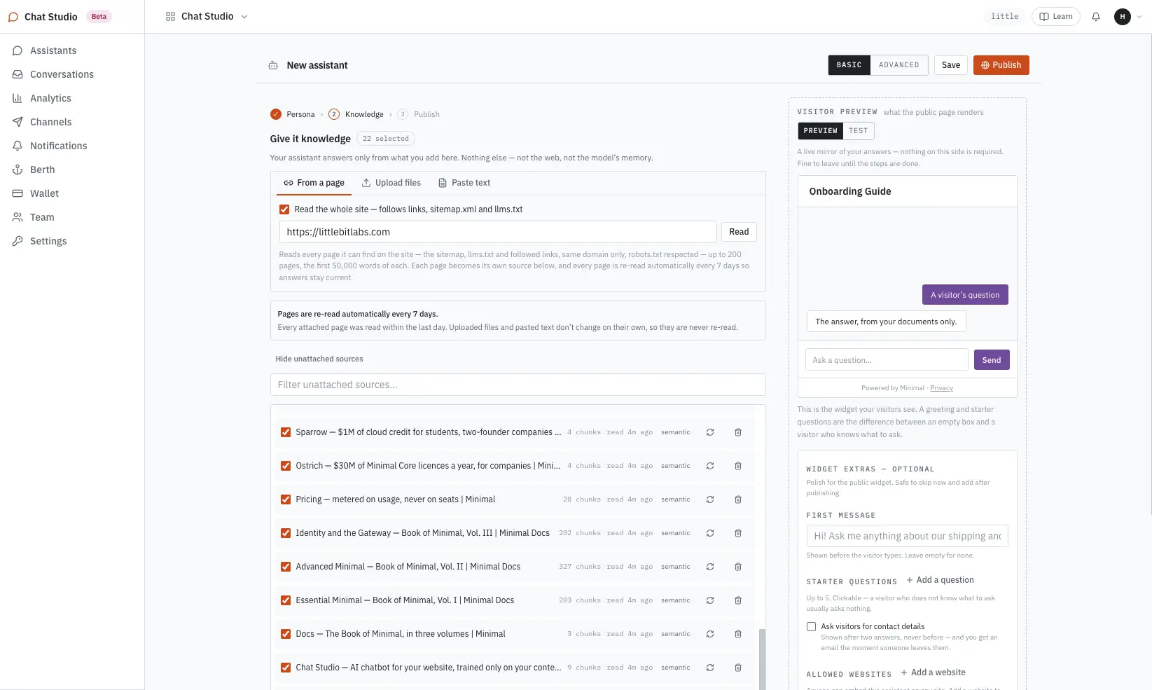 The knowledge step after reading a whole site from one address: 22 sources attached, a note that pages are re-read every 7 days, and each source listed with its chunk count and age