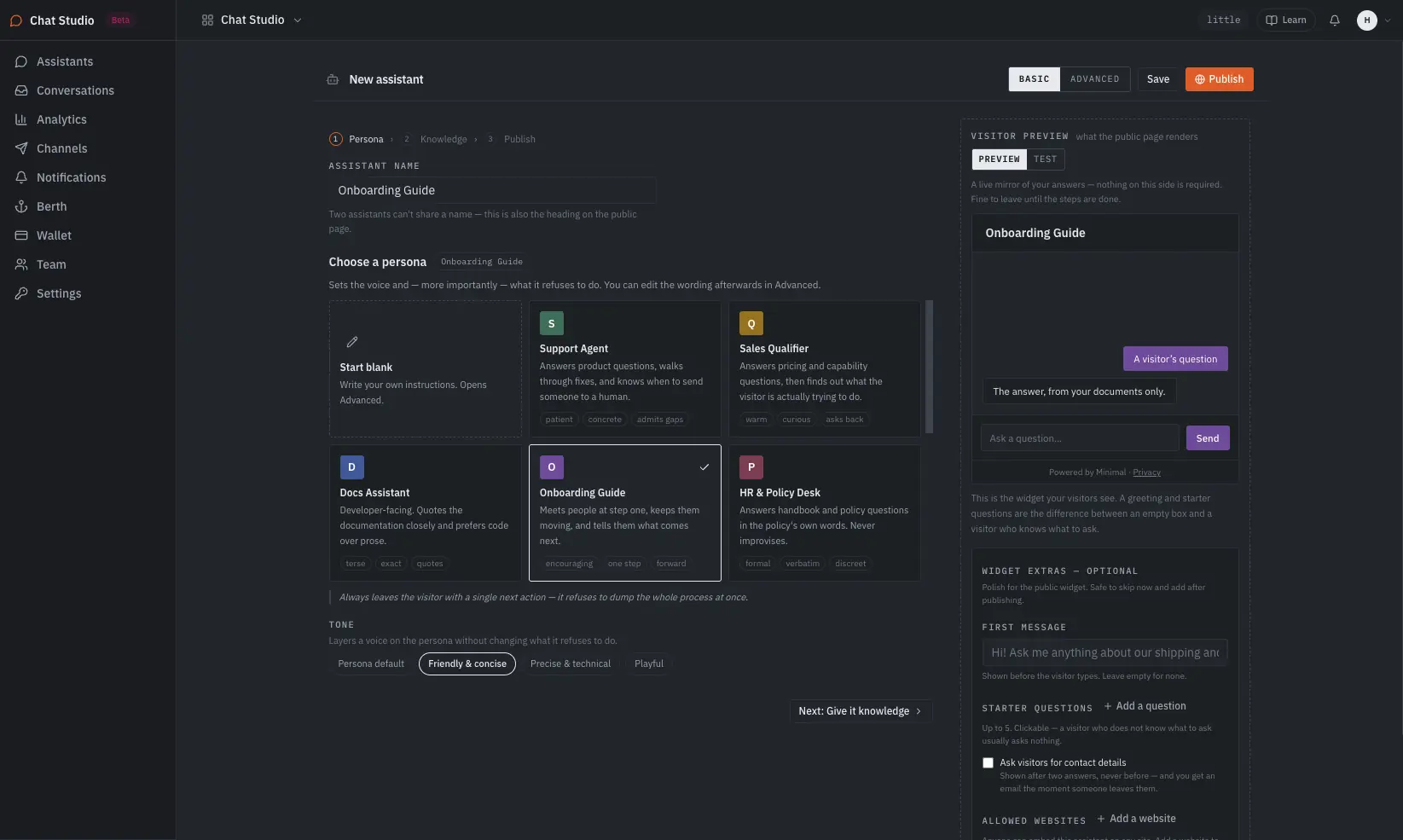 The persona step: persona cards for Start blank, Support Agent, Sales Qualifier, Docs Assistant, Onboarding Guide and HR & Policy Desk, tone chips underneath, and a live preview of what the visitor sees beside them