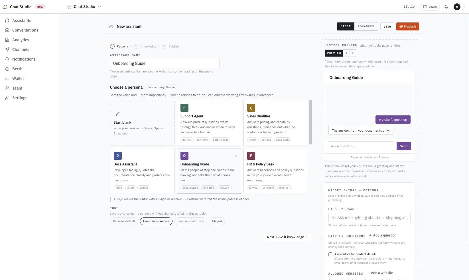 The persona step: persona cards for Start blank, Support Agent, Sales Qualifier, Docs Assistant, Onboarding Guide and HR & Policy Desk, tone chips underneath, and a live preview of what the visitor sees beside them
