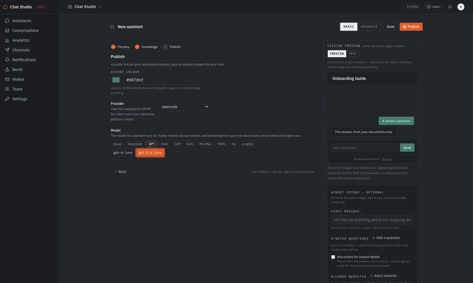 The publish step: an accent colour for the send button, the provider and the model the assistant runs on, and the visitor preview beside them