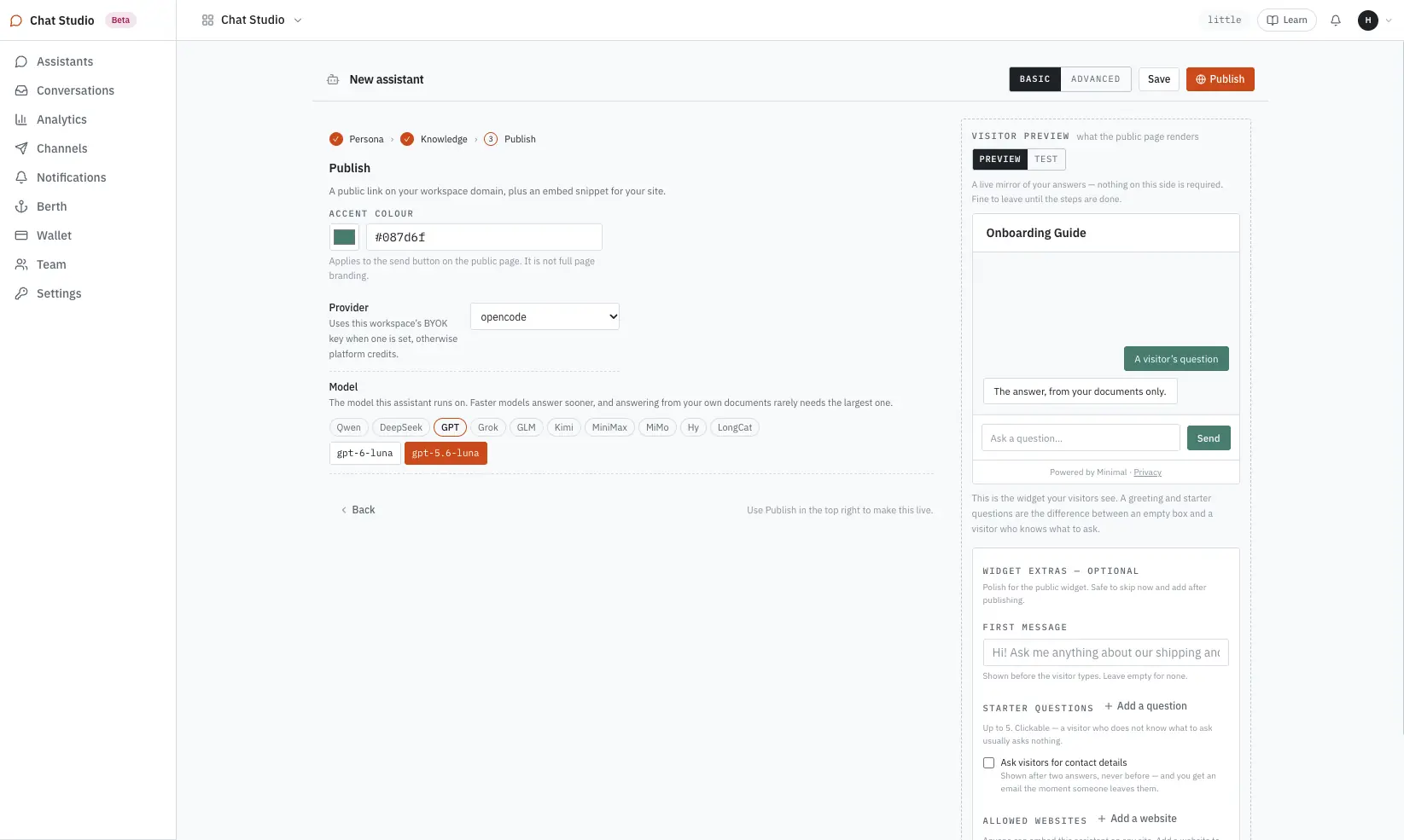 The publish step: an accent colour for the send button, the provider and the model the assistant runs on, and the visitor preview beside them