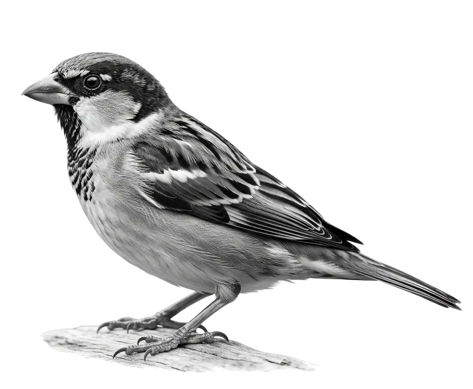 A sparrow perched on a branch, in black and white